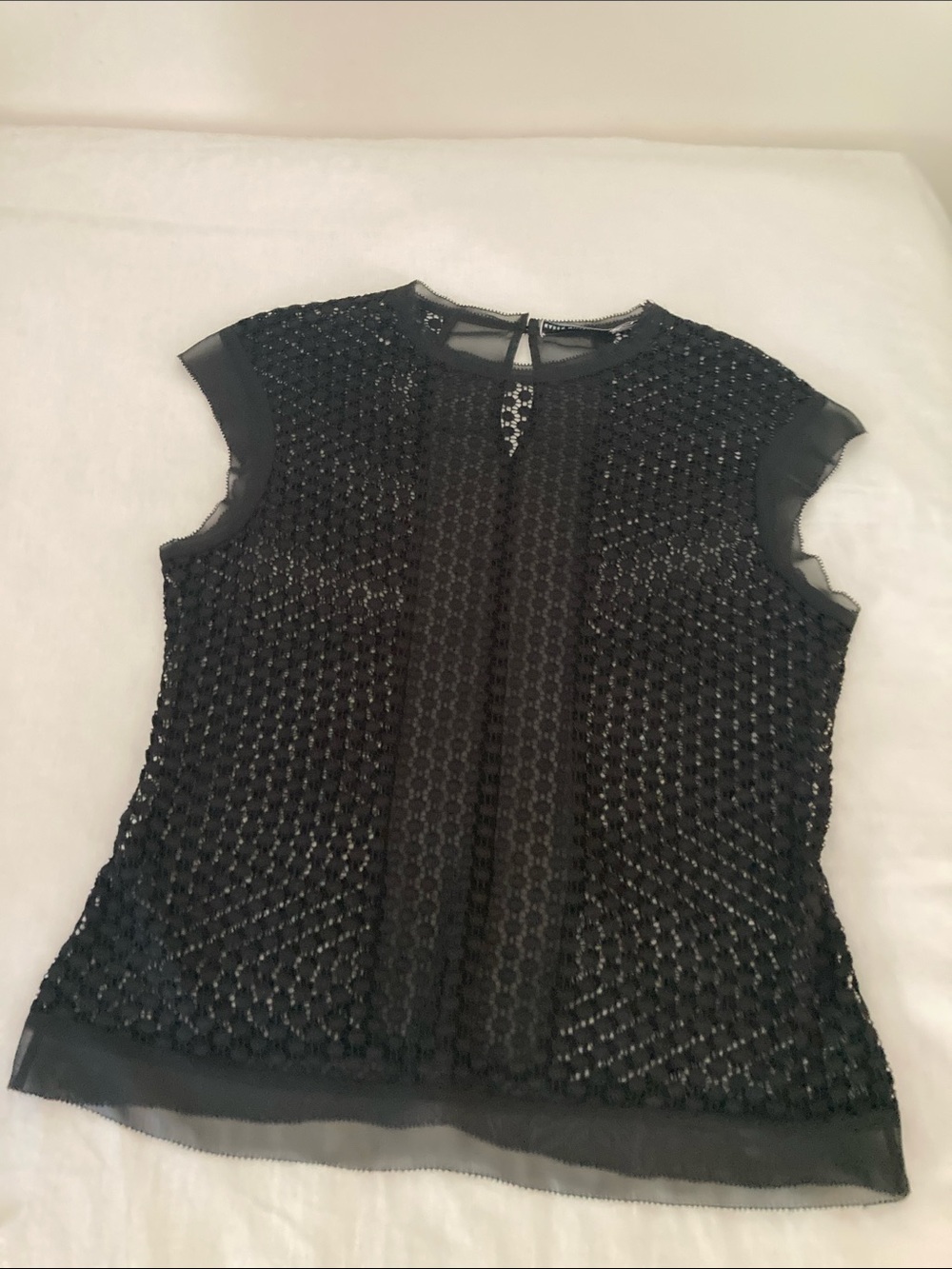 Karen Millen Black Lace eyelet Cap-Sleeve Top size 8